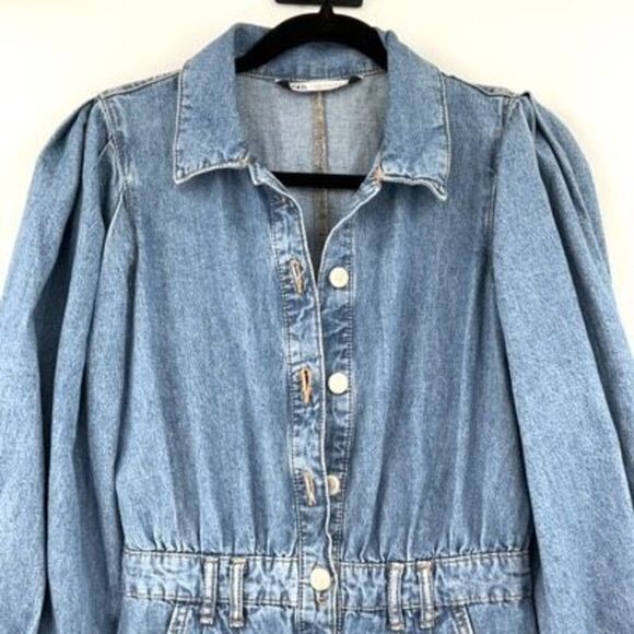 Zara Womens Medium Wash Blue Puff Sleeves Button Front Denim Romper XS - Picture 7 of 11